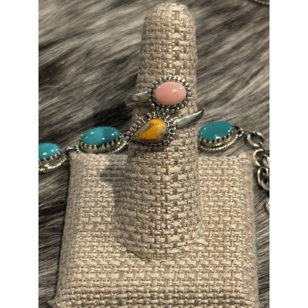 925 Southwest Sterling Silver Pink Conch & Yellow Bumblebee Jasper Bypass Ring